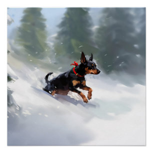 Póster Doberman Pinscher Navidad nieve invierno