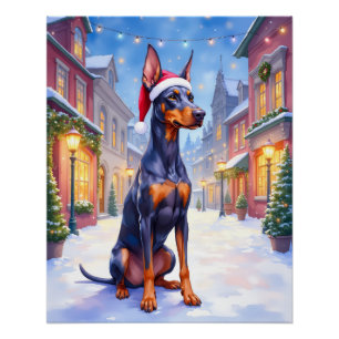 Póster Doberman Pinscher Pueblo Nevado Sombrero Santa Nav
