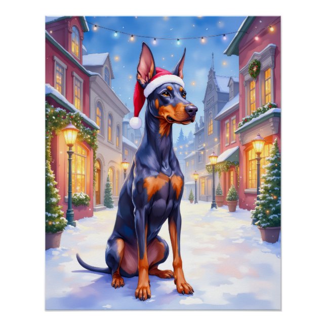 Póster Doberman Pinscher Snowy Village Santa Hat Christma (Anverso)