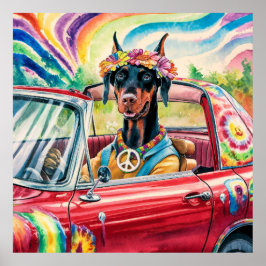Póster Dobermann Groovy 60 en rojo convertible
