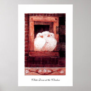 Póster DOBLAS BLANCAS EN LA VENTANA, rosa rojo