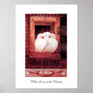 Póster DOBLAS BLANCAS EN LA VENTANA, rosa rojo