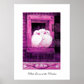 Póster DOBLAS BLANCAS EN LA VENTANA, violeta rosa