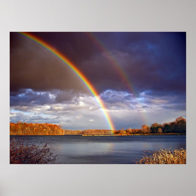 Póster Doble arco iris sobre el lago (Frente)