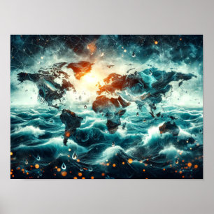 Póster Doble exposición de mapa mundial y cartel de océan