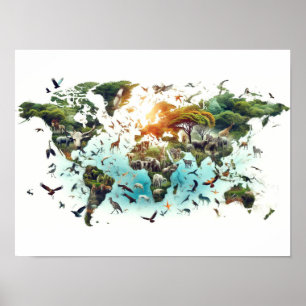 Póster Doble exposición del mapa mundial y el Poster fore
