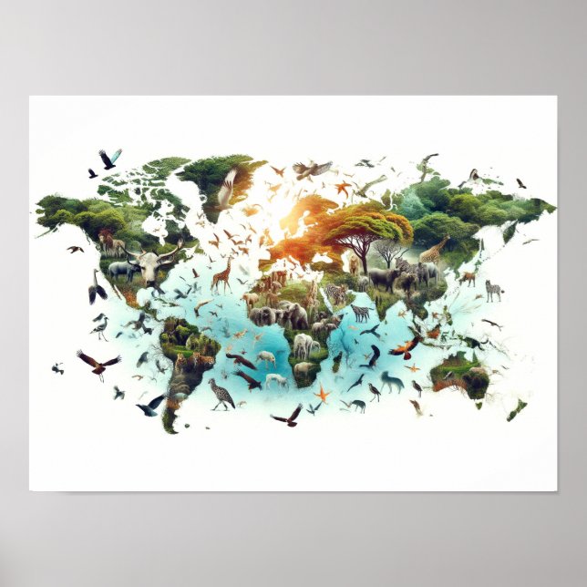 Póster Doble exposición del mapa mundial y el Poster fore (Frente)