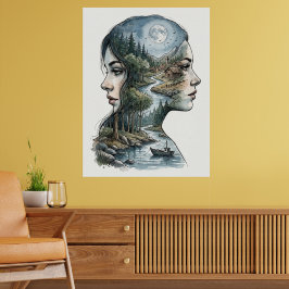 Póster Doble Exposición Silueta de la Naturaleza Acuarela