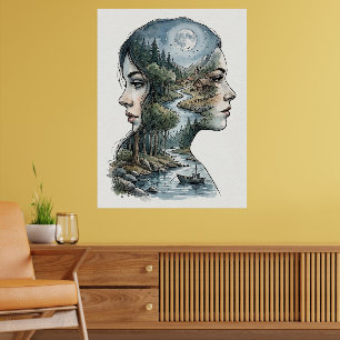 Póster Doble Exposición Silueta de la Naturaleza Acuarela