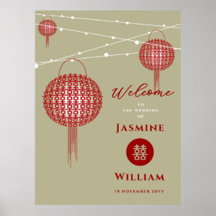 Póster Doble Felicidad Faroles Rojos Chic Boda China