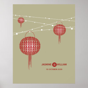 Póster Doble Felicidad Faroles Rojos Chic Boda China