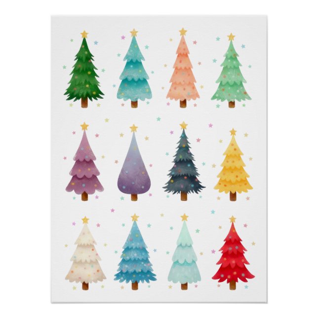 Póster Doce árboles de Navidad festivos, acuarela (Anverso)