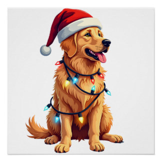 Póster Dog Golden Retriever Santa Christmas Xmas Lights (
