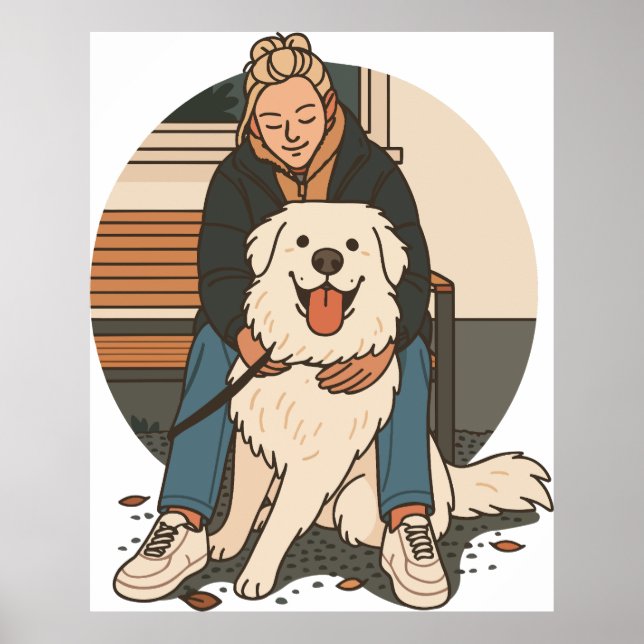 Póster Dog Mom Hugging Fluffy Puppy Cute Pet Moment (Frente)
