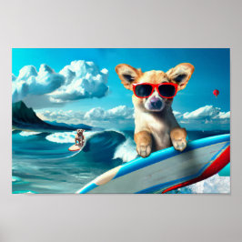 Póster Dog on Surfboard Wearing Sunglasses AI Art