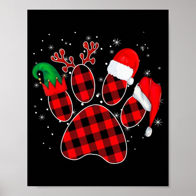 Póster Dog Paws Christmas Buffalo Plaid Paw Santa Elf Rei (Frente)