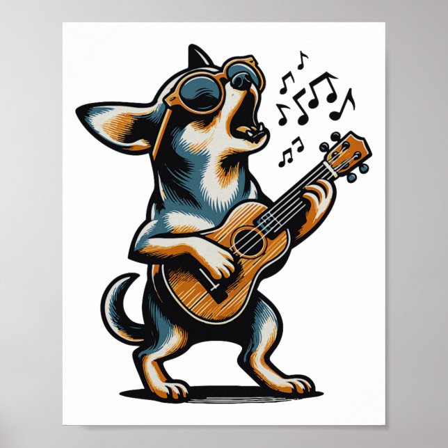 Póster Dog Playing Guitar Singing Chihuahua Funny Dog Mar (Frente)