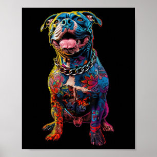 Póster Dog Tattoos Pitbull Tattooed Colorful Tattooed Dog