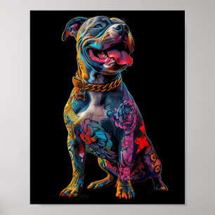 Póster Dog Tattoos Pitbull Tattooed Colorful Tattooed Dog
