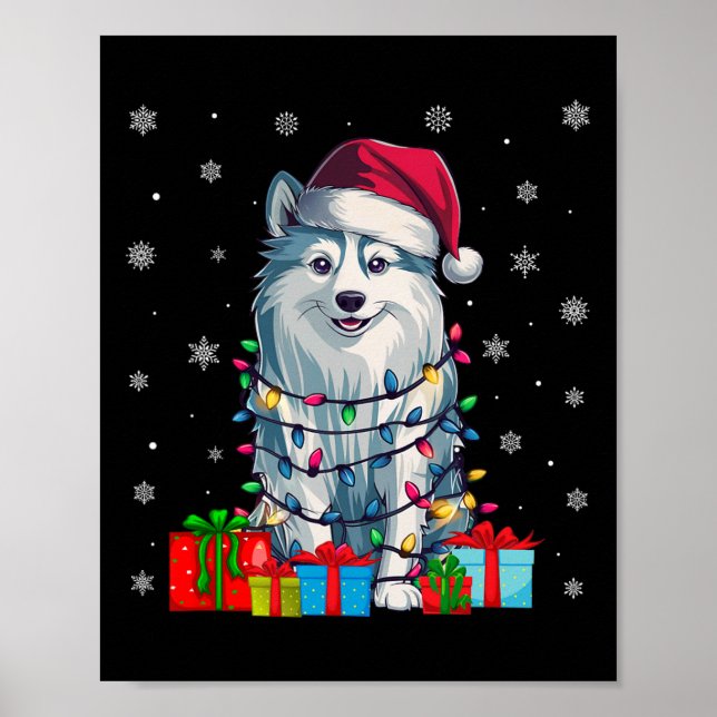 Póster Dog Ugly Xmas iluminan Santa Hat American Eskimo D (Frente)