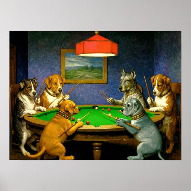Póster Dogs Playing Snooker Billiards Fun Spoof (Frente)