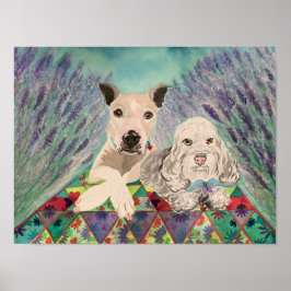 Póster Dogs with quilt in lavender field