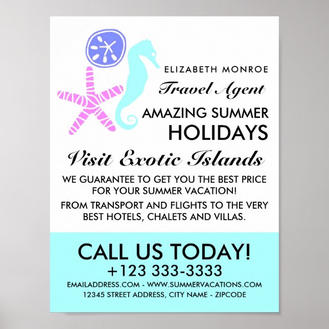 Póster Dólar de arena, pez estrella, caballito de mar, ag (Frente)