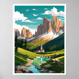 Póster Dolomitas Alpes Italia Viaje ilustracion de cosech