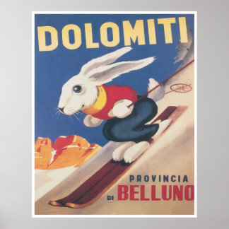 Póster Dolomitas Italia Esquí Bunny Vintage