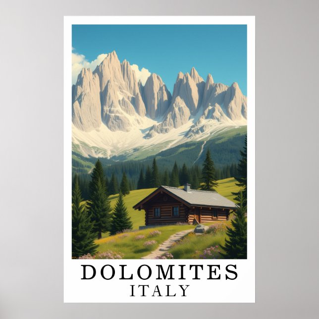 Póster Dolomites Italy Mountain Alpine Cabin Art (Frente)