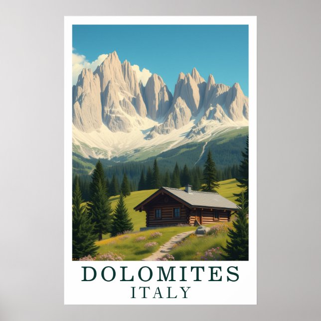 Póster Dolomites Italy Mountain Alpine Cabin Art (Frente)
