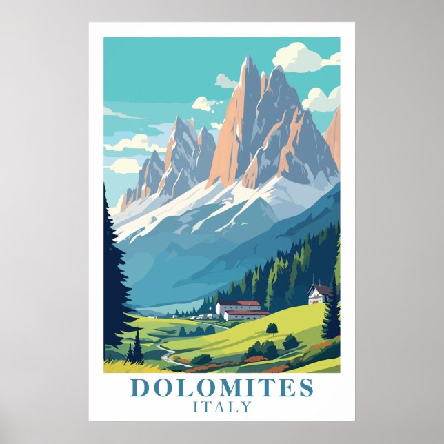 Póster Dolomites Italy Retro Travel Mountain Alpine Art (Frente)