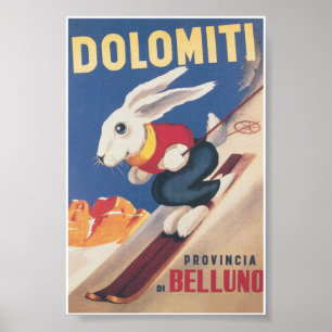 Póster Dolomiti Poster de Viajes para Esquí Bunny Vintage