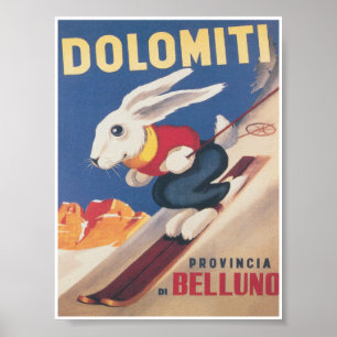Póster Dolomiti Poster de Viajes para Esquí Bunny Vintage