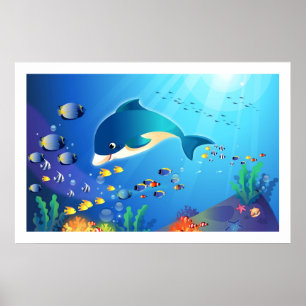 Póster Dolphin & Colorful Sea-Life Digital Illustration