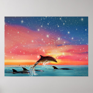 Póster Dolphin Leaping   Whimsical Animal Sea and Stars