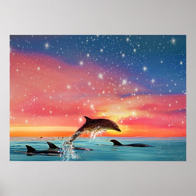 Póster Dolphin Leaping | Whimsical Animal Sea and Stars (Frente)