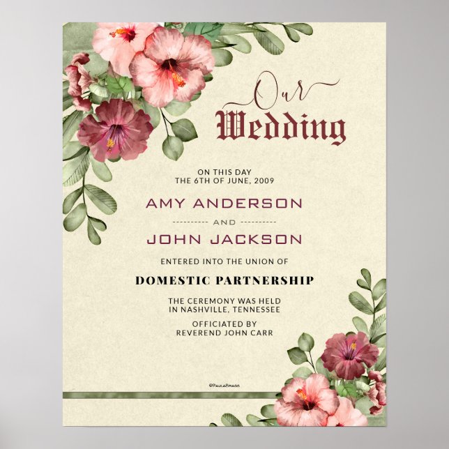 Póster "Domestic Partnership" floral Wedding Certificate (Frente)
