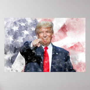 Póster Donald Trump señala con bandera estadounidense