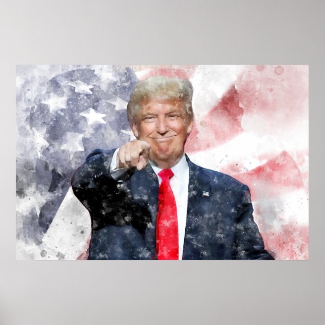 Póster Donald Trump señala con bandera estadounidense (Frente)