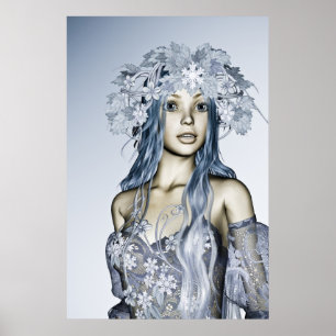 Póster Doncella de Nieve Azul Retrato de Fantasía Inverna