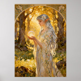 Póster Doncella Élfica Etérea en Estilo Art Nouveau