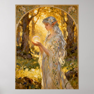 Póster Doncella Élfica Etérea Estilo Art Nouveau