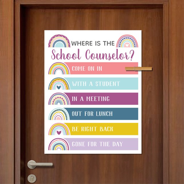 Póster ¿Dónde está el Rótulo de la oficina del consejero  (Where Is The School Counselor Office Door Sign in Boho Rainbow Design)
