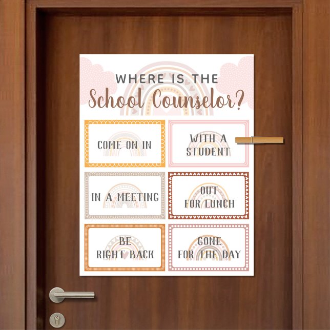 Póster ¿Dónde está el Rótulo de la oficina del consejero  (Where Is The School Counselor Office Door Sign in Boho Rainbow Design)