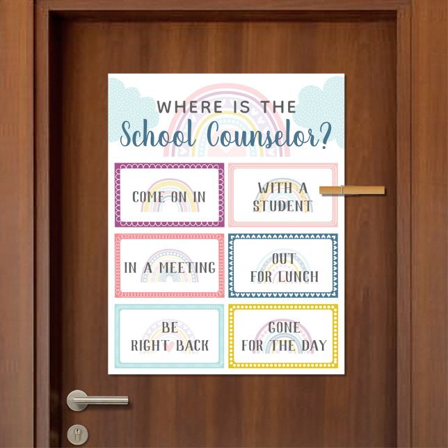 Póster ¿Dónde está el Rótulo de la oficina del consejero  (Where Is The School Counselor Office Door Sign in Boho Rainbow Design)