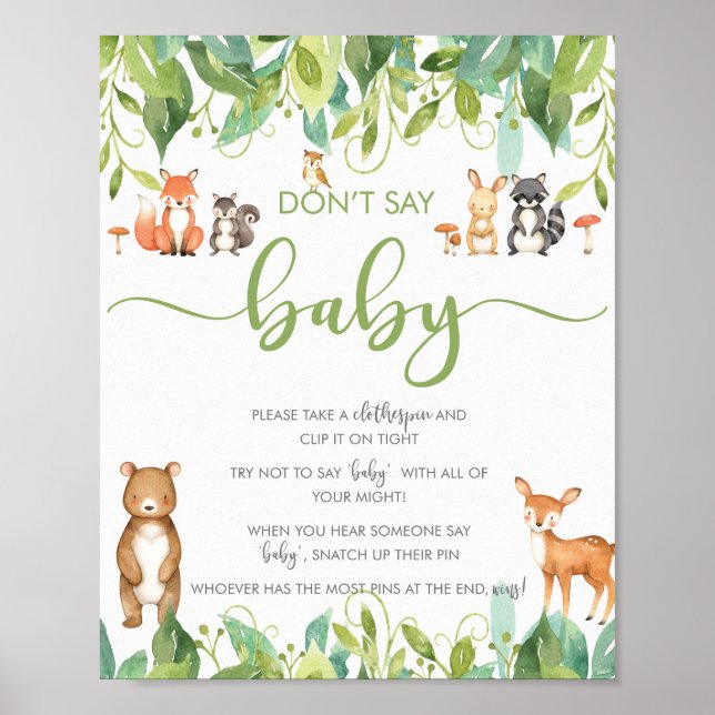 Póster Don't Say Baby Shower Game Woodland Greenery Sign (Frente)