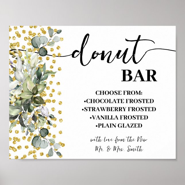 Póster Donut Bar Boda Bridal Shower Eucalyptus Gold (Frente)