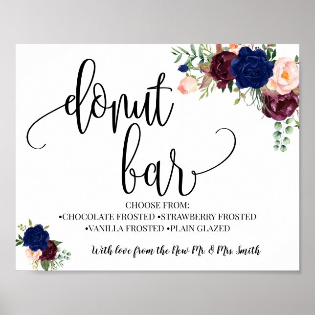 Póster Donut bar party wedding reception navy burgundy (Frente)