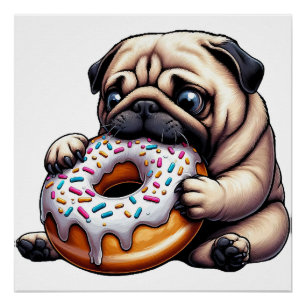 Póster Donut de dibujos animados divertido pug lindo comi